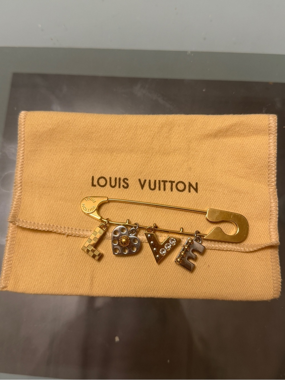 Louis Vuitton Gold-Tone 'LOVE' Letter Charm Safety Pin Brooch